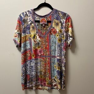 Johnny Was Multicolor Floral V-Neck Tee